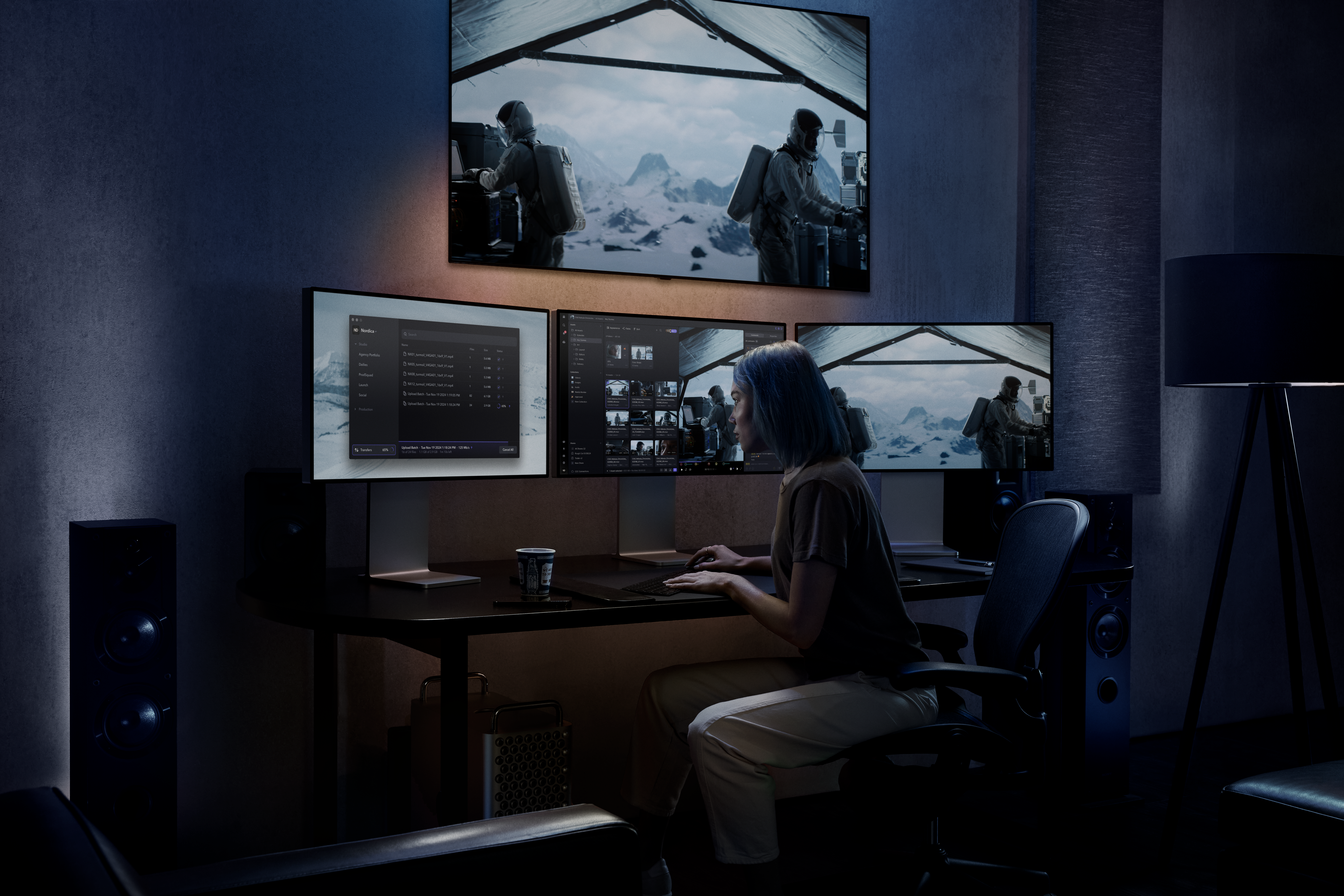 Editor transferring files in an editing bay