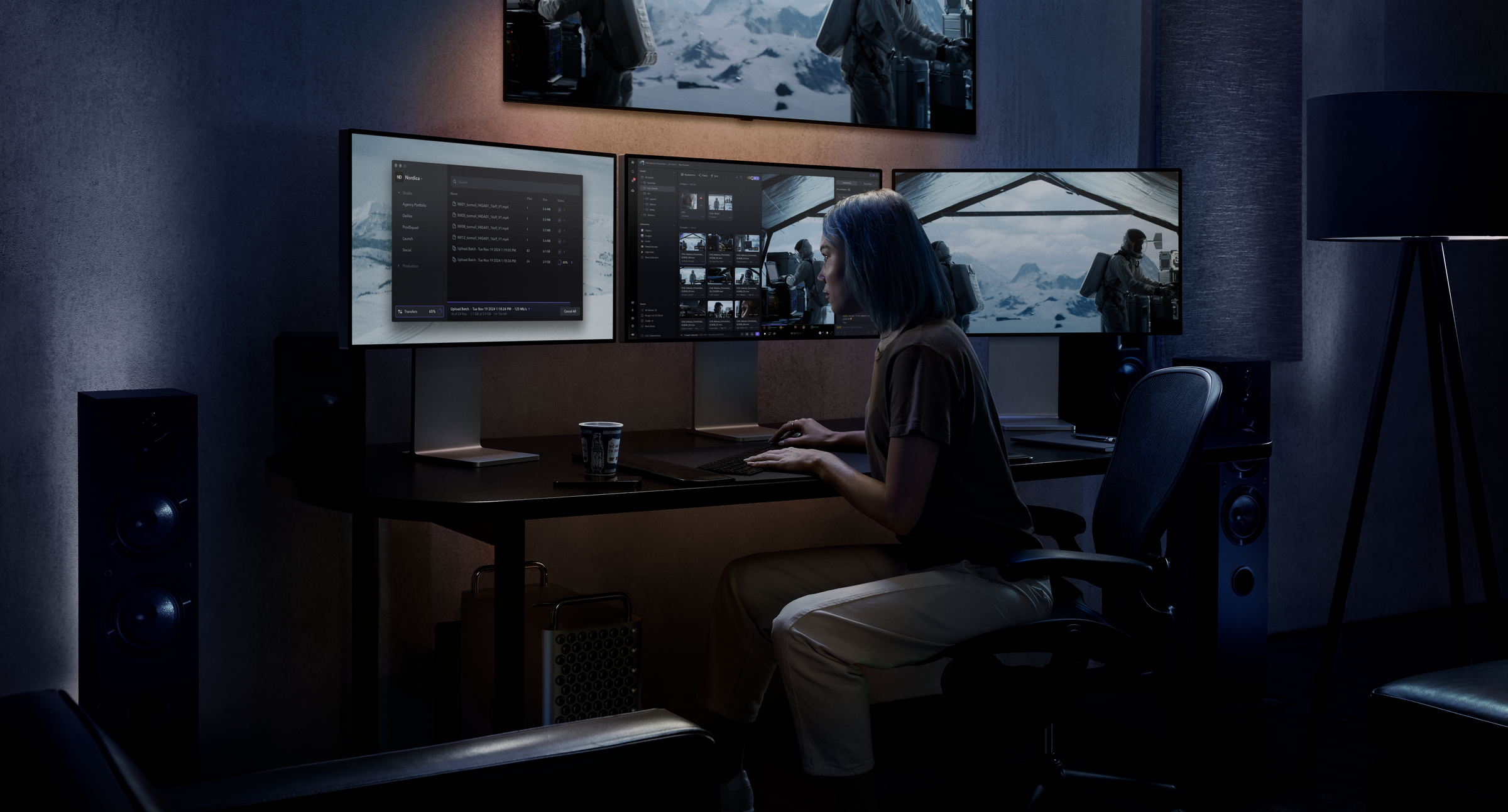 Editor transferring files in an editing bay