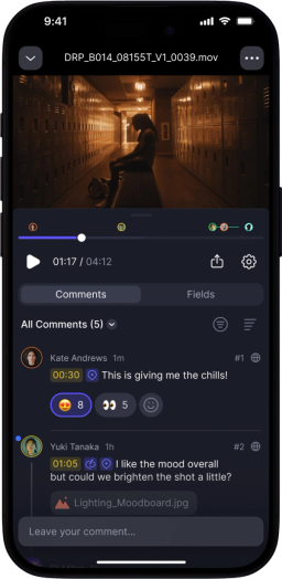 Frame.io mobile phone interface screenshot