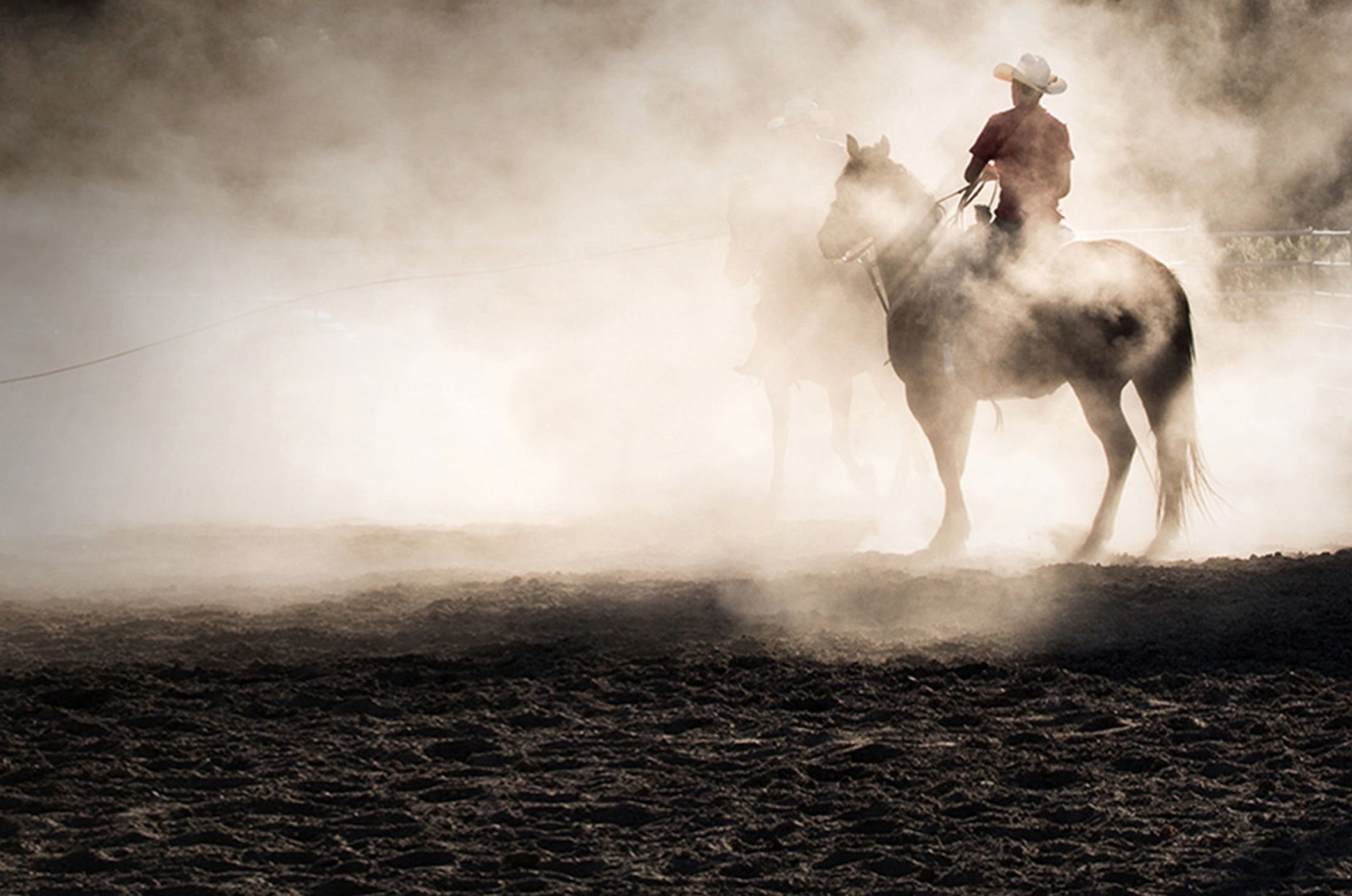 Cowboy on his horse in a dusty paddock.
