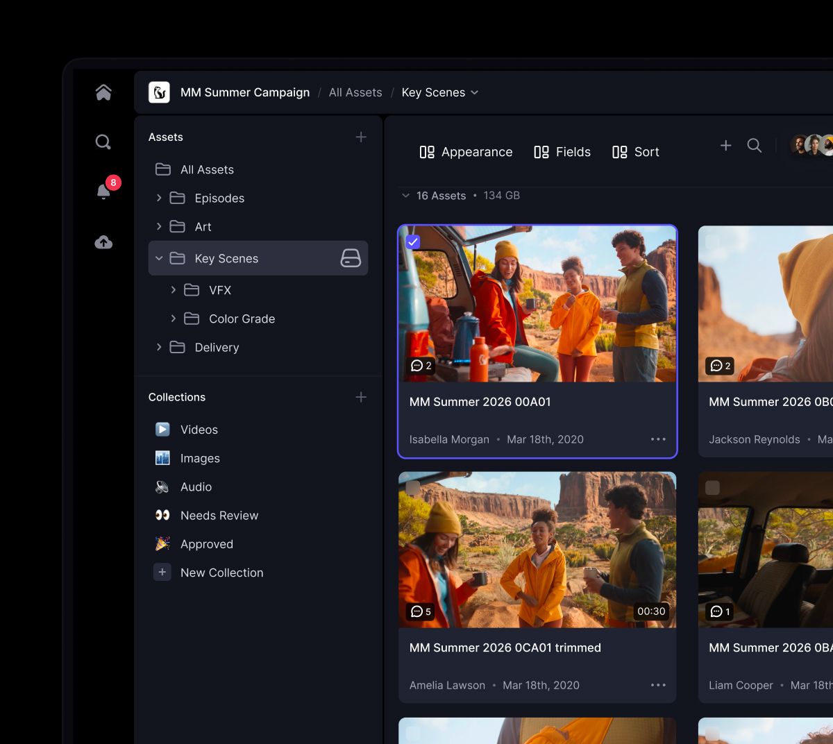 A dark-themed digital asset management interface displays video thumbnails from an outdoor campaign, with the "Key Scenes" folder selected in the left navigation panel.