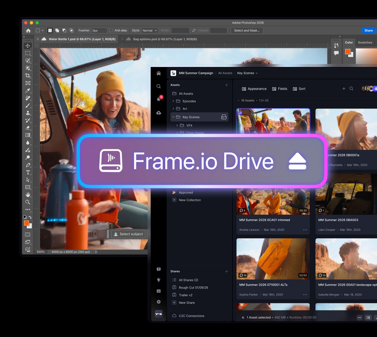 A computer screen displays Adobe Photoshop editing an outdoor scene and a Frame.io media asset library, with a glowing "Frame.io Drive" button centrally overlaid.