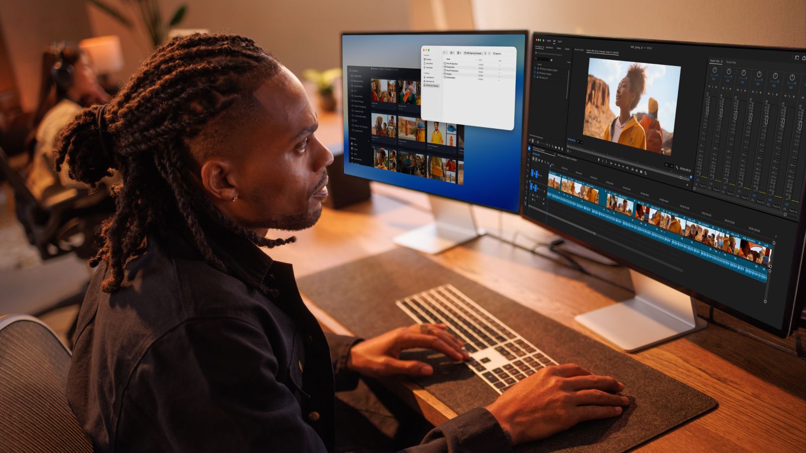 Man with dreadlocks editing video on dual monitors at a desk.