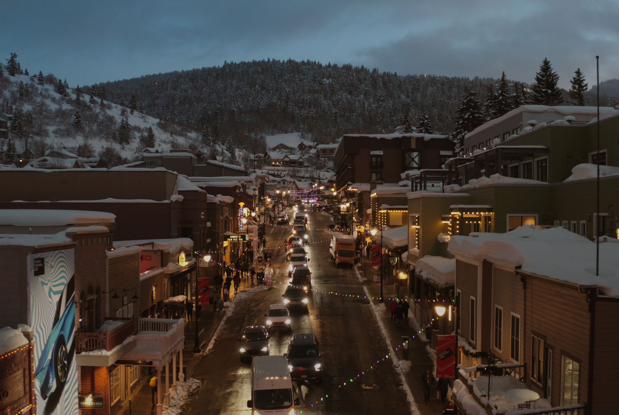 Park City Utah on a snowy night