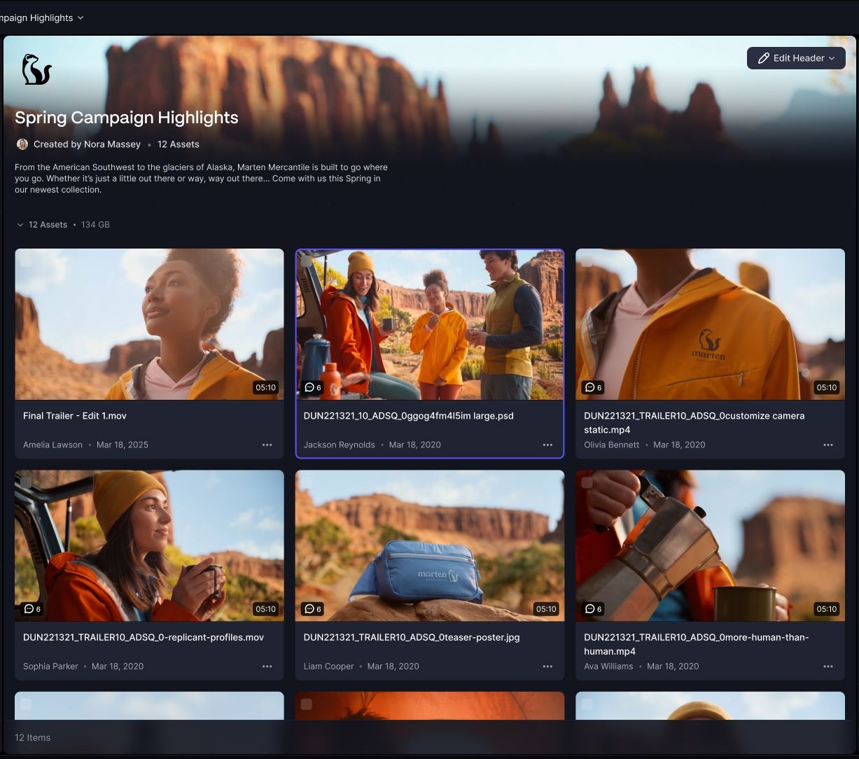 A dark-themed digital asset management interface displaying "Spring Campaign Highlights" with a desert landscape header and a grid of campaign asset thumbnails, one of which is highlighted.
