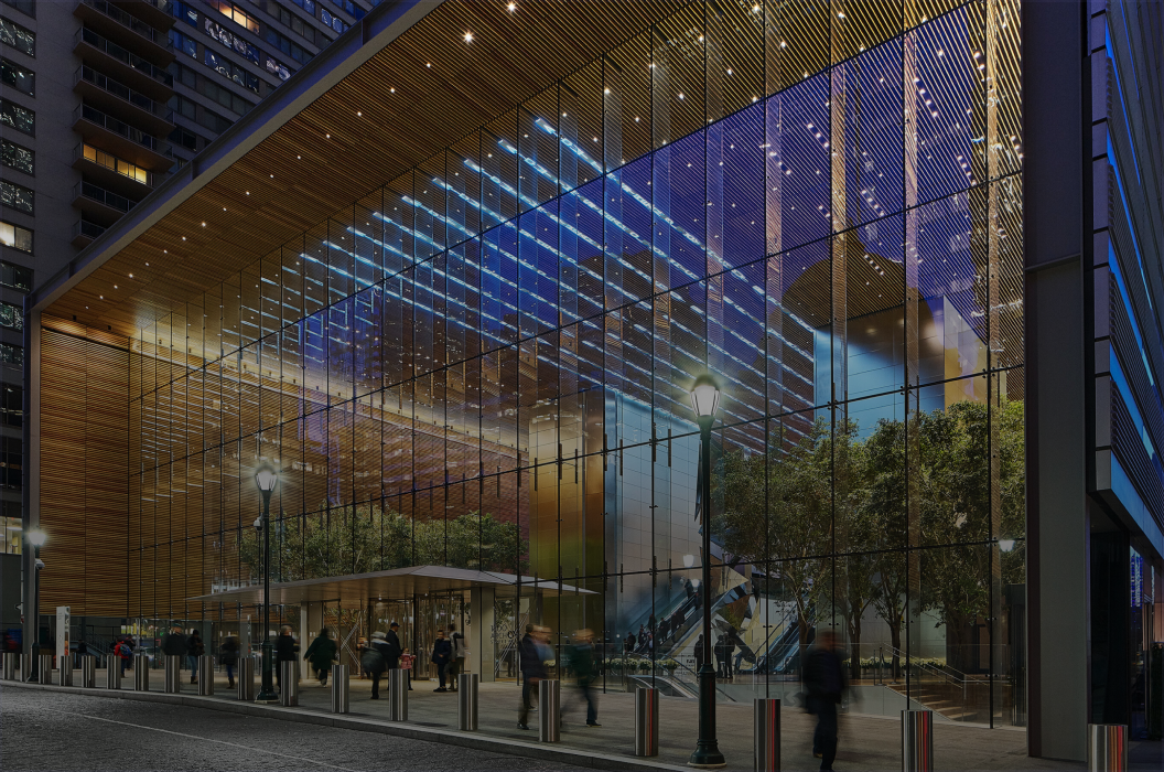 Glass facade of a building.