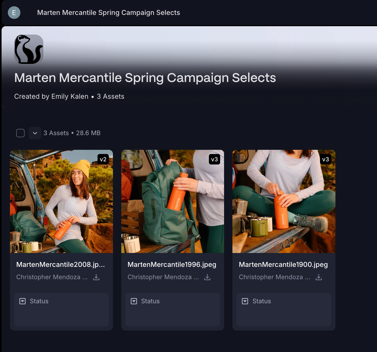 A digital interface titled "Marten Mercantile Spring Campaign Selects" with a marten logo, displaying three outdoor campaign photos featuring people and orange water bottles.