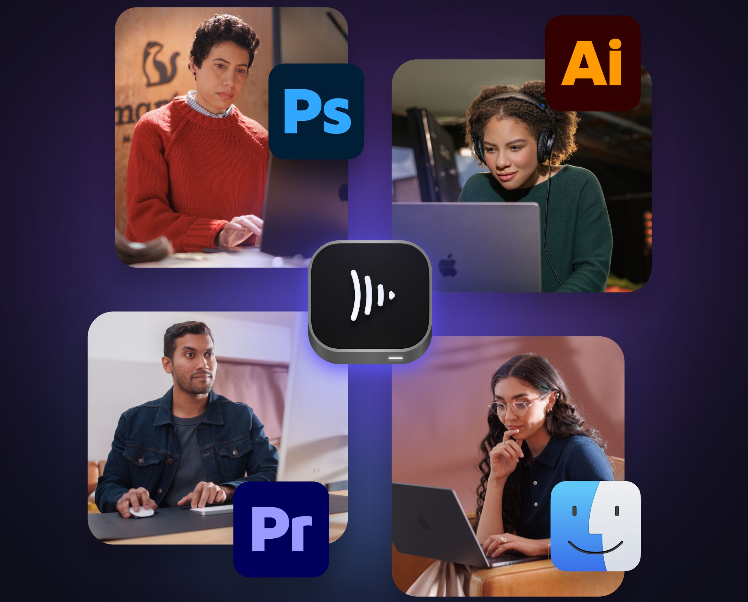 Four people using Macs with Adobe Photoshop, Illustrator, and Premiere, and macOS Finder, surrounding a Mac mini icon.