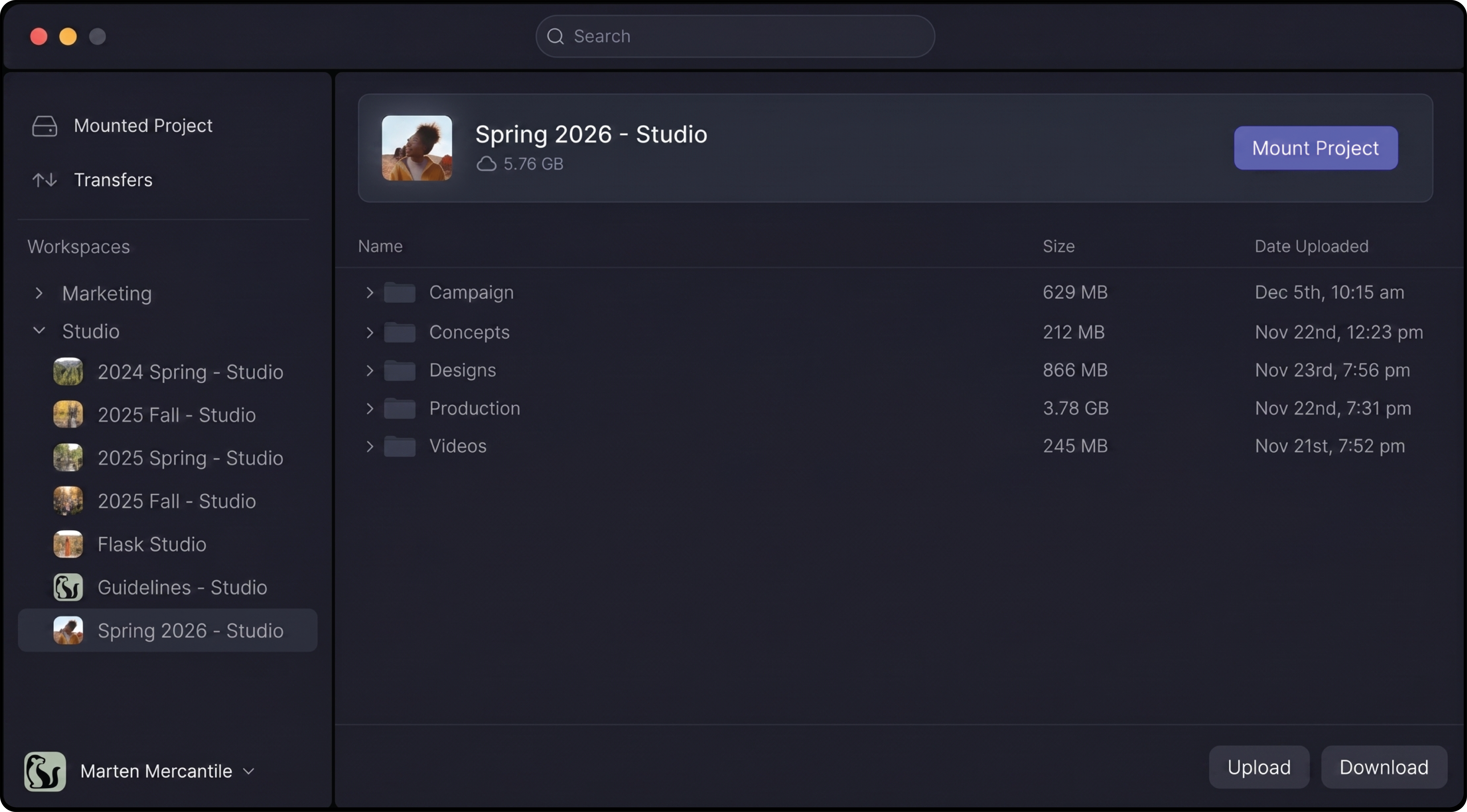 Dark mode project management interface displaying the 'Spring 2026 - Studio' project details, subfolders, and a 'Mount Project' button.