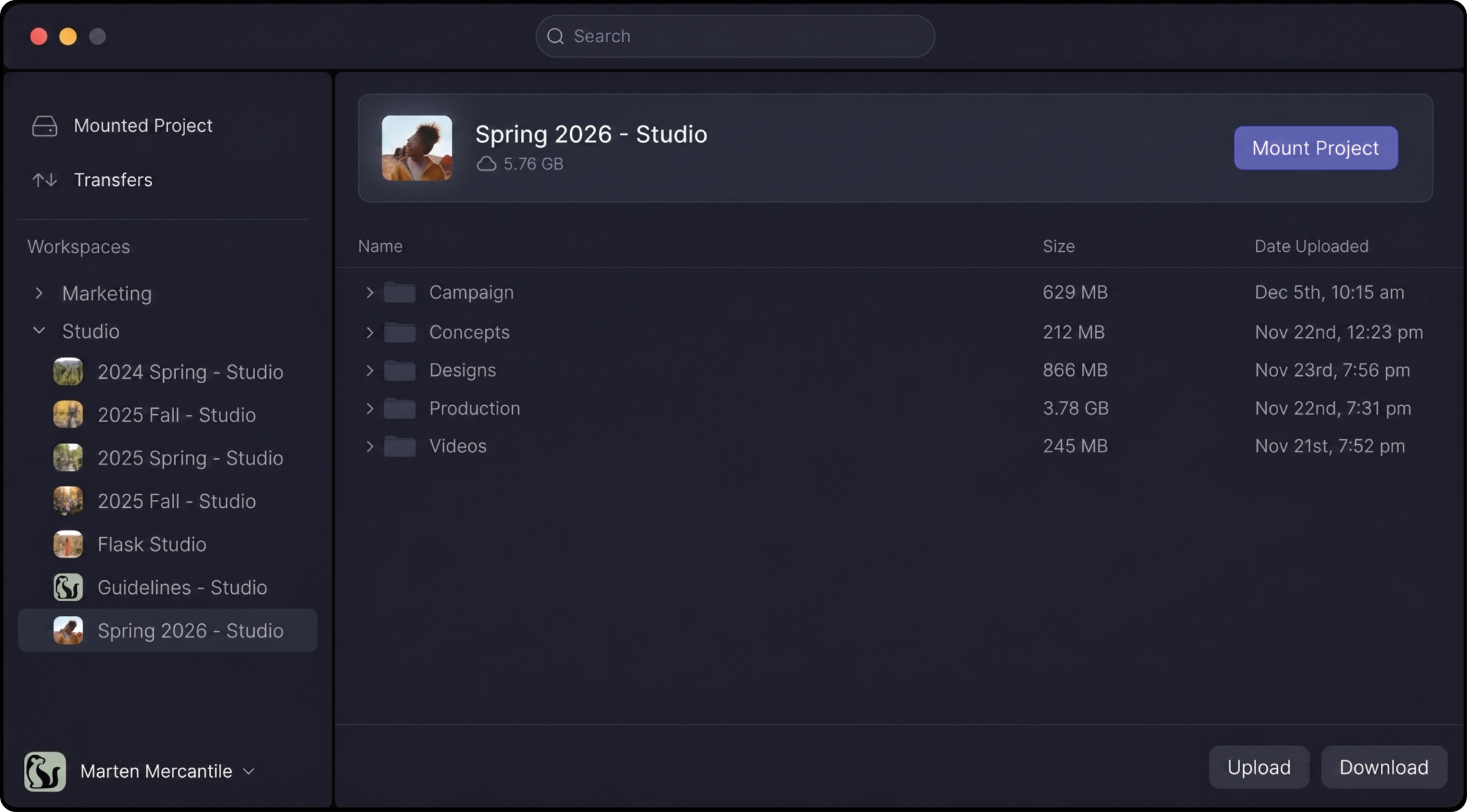 Dark mode project management interface displaying the 'Spring 2026 - Studio' project details, subfolders, and a 'Mount Project' button.