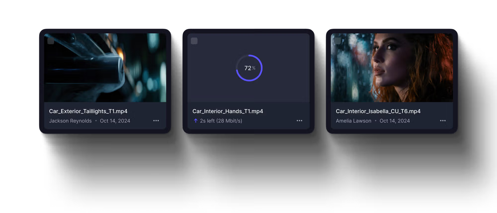 An interface displays a video file, 'Car_Interior_Hands_T1.mp4', at 72% upload progress, alongside other video previews.