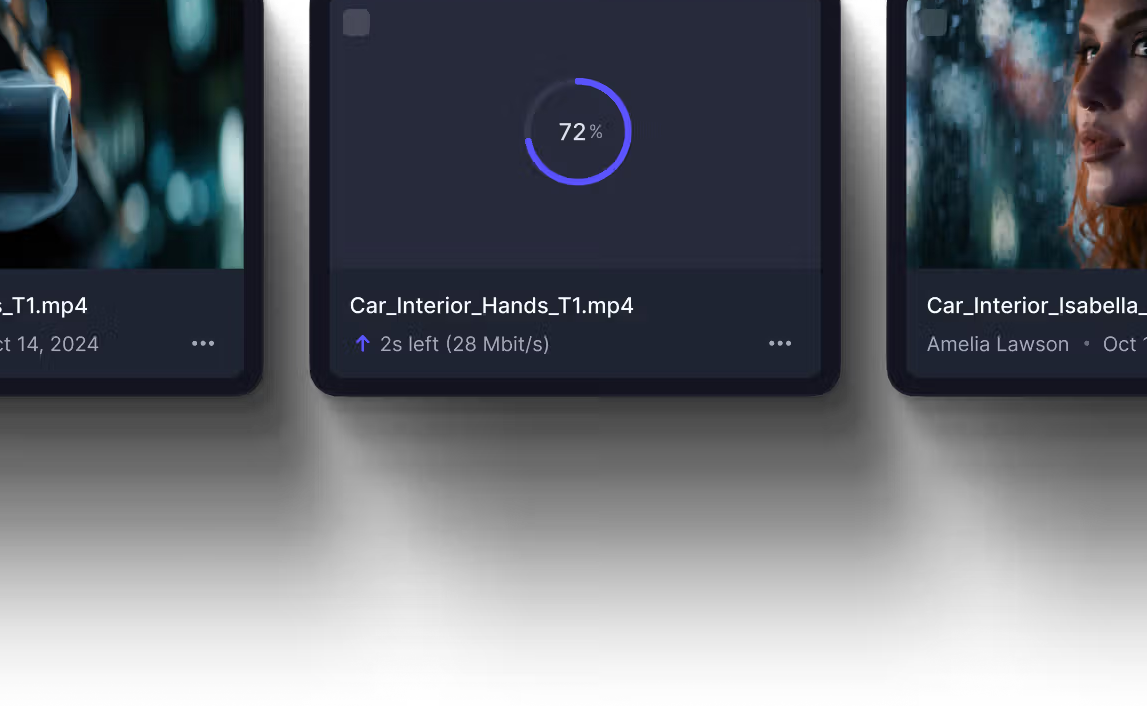 An interface displays a video file, 'Car_Interior_Hands_T1.mp4', at 72% upload progress, alongside other video previews.