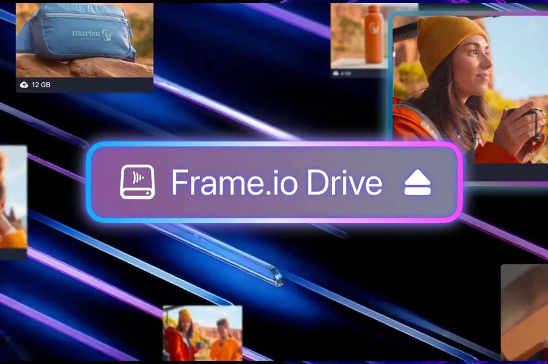 A glowing "Frame.io Drive" button surrounded by media thumbnails and neon lines.