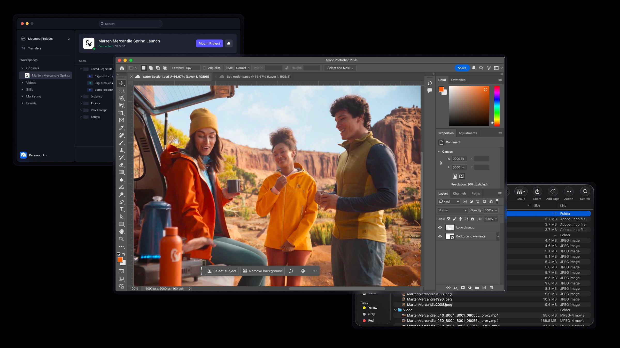 Multiple dark-themed software windows, including Adobe Photoshop displaying an image of three people outdoors, a project management interface, and a file browser.