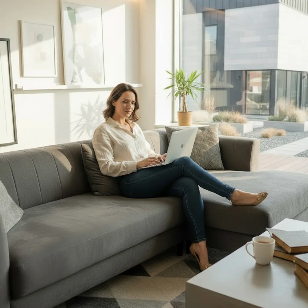 A woman in a contemporary home working on a laptop