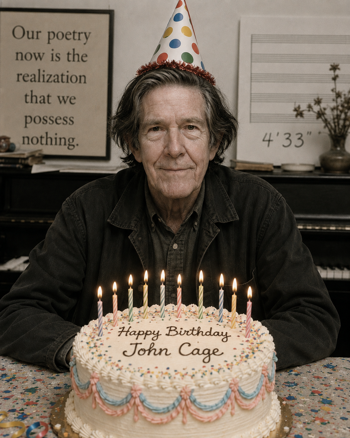John Cage wearing a sweater and a conical polka dot cap sitting in front of a birthday cake with "Happy Birthday John Cage" in icing on the top.