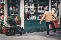 A man with a black dog on a lead walk in front of a toy shop.