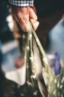 Close up of the hand of an older man with a shopping bag. Only the hand is in focus.