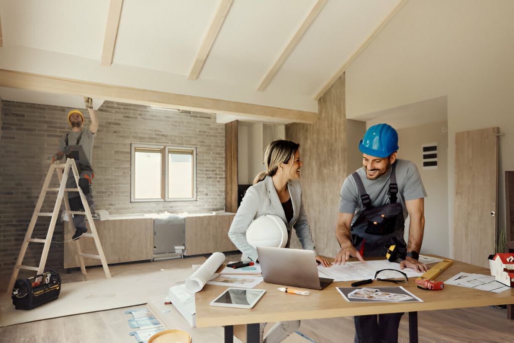 A crew and a client reviewing drawings inside a home under construction