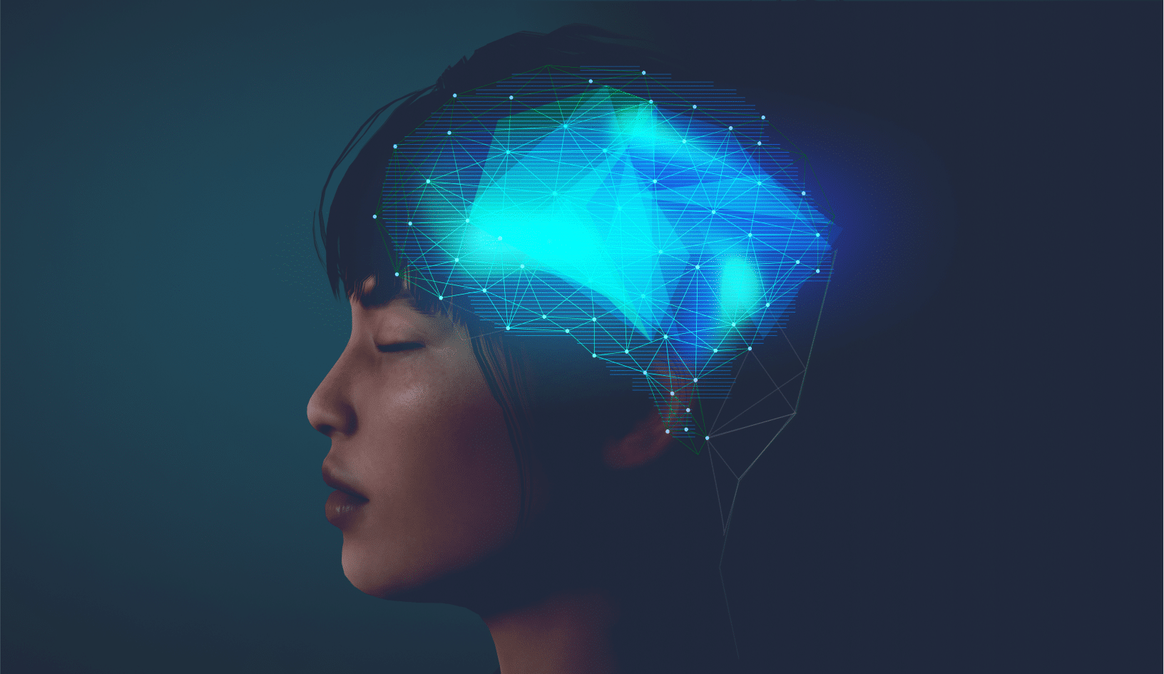 Frau im Profil mit geschlossenen Augen, über ihrem Gehirn ein leuchtendes digitales Netzwerk
