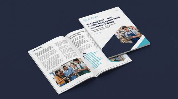 Attensi-Whitepaper „Die Verkaufsfläche – wie kleinere Einzelhandelsteams mit besserem Training glänzen“, Cover und aufgeschlagene Doppelseite