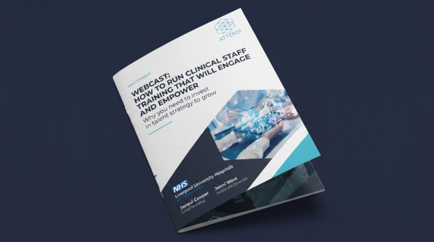 Cover des Attensi-Webcast-Whitepapers: Klinisches Personal schulen – so begeistern und befähigen Sie