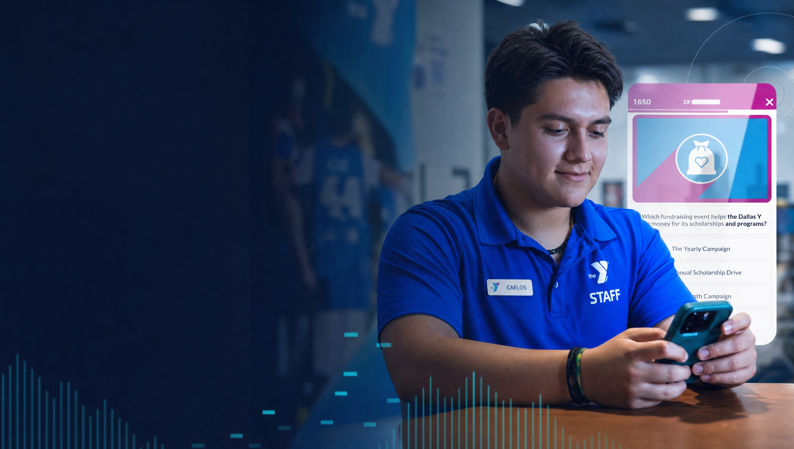 A young man in a blue YMCA staff shirt looks at a smartphone, with a digital fundraising quiz overlay.