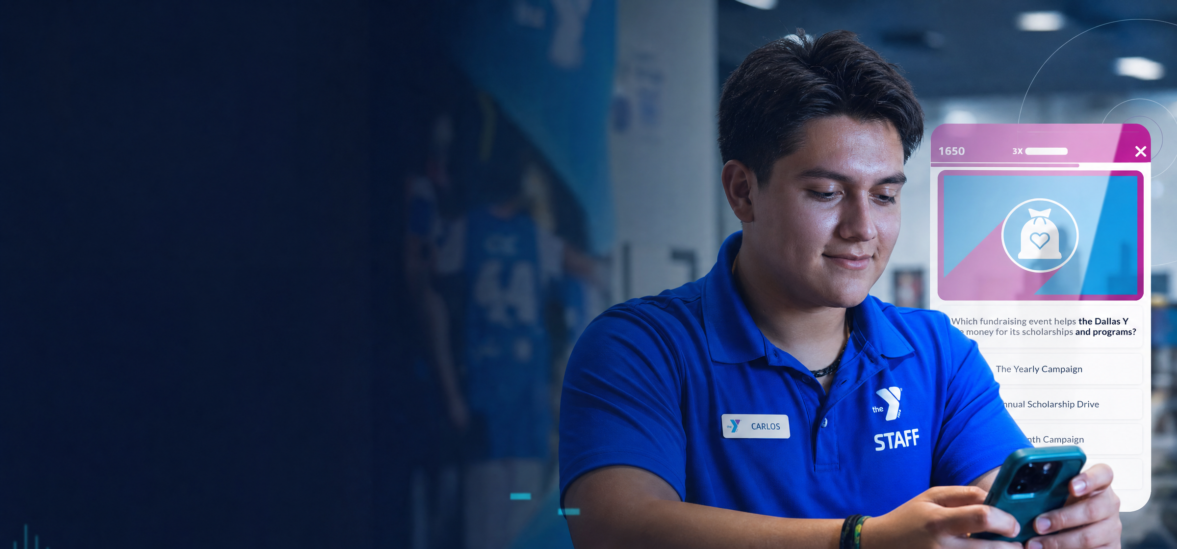 A young man in a blue YMCA staff shirt looks at a smartphone, with a digital fundraising quiz overlay.