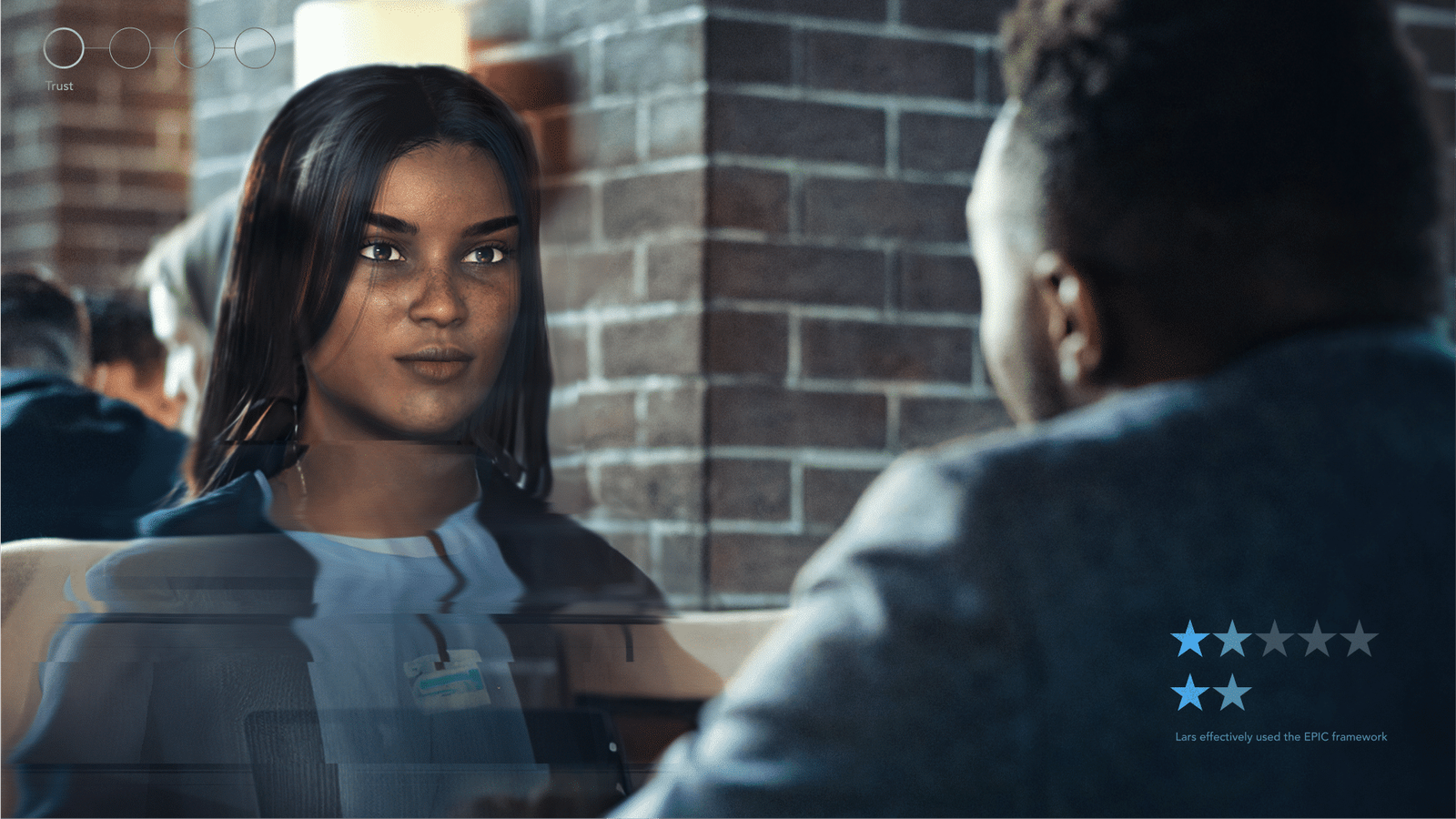 A digital avatar of a woman looks across from a man, with a 2-star rating visible on the right.