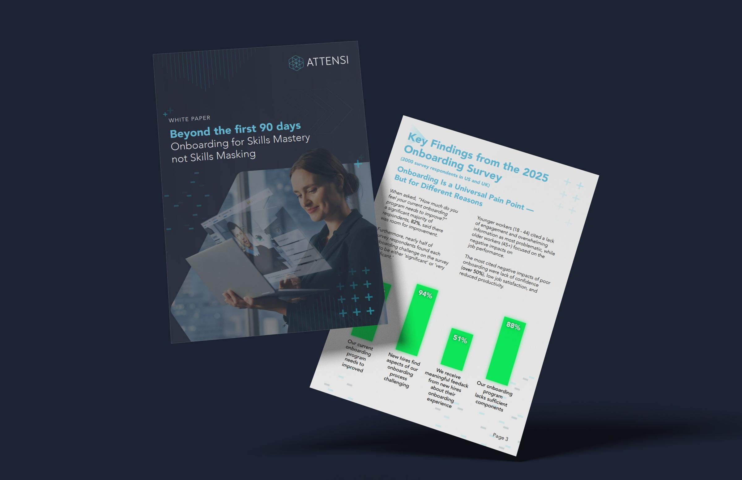Attensi white paper Beyond the first 90 days: onboarding cover and key findings page with bar chart