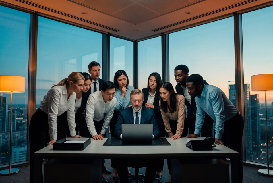 Group of underwriters gathered around a colleague working on a laptop in a high-rise office at dusk