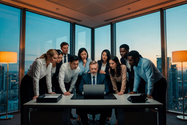 Group of underwriters gathered around a colleague working on a laptop in a high-rise office at dusk