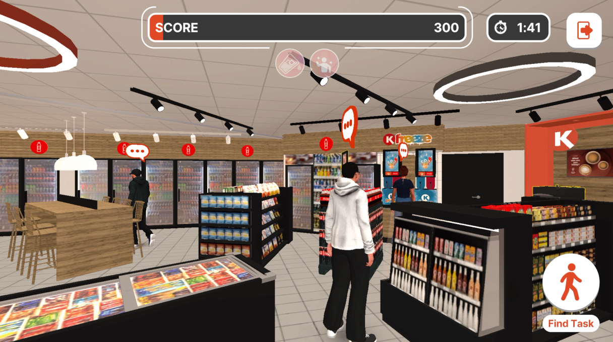 Virtueller 3D-Convenience-Store von innen mit Avataren und Spieloberfläche.