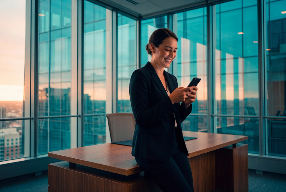 Smiling underwriter in a dark suit reading her phone while leaning against a desk in a high-rise office