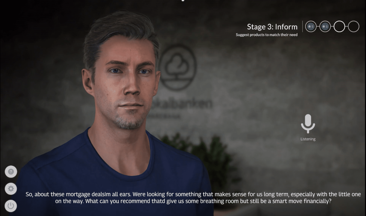 AI role-play screenshot of a bank customer avatar asking about mortgage options, stage 3: Inform