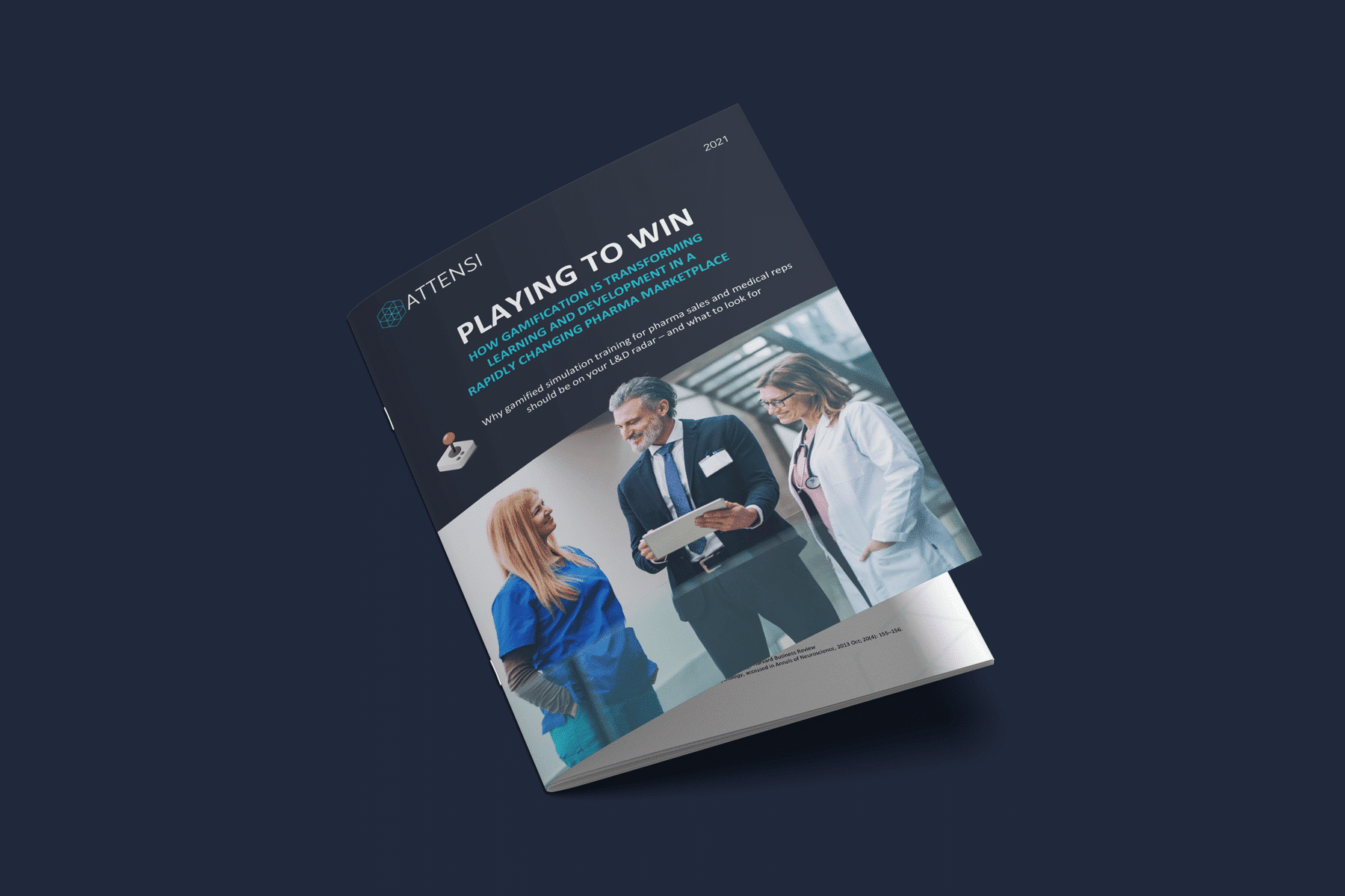 Attensi-Whitepaper „Playing to Win“ für die Pharmabranche, Cover mit medizinischem Personal am Tablet