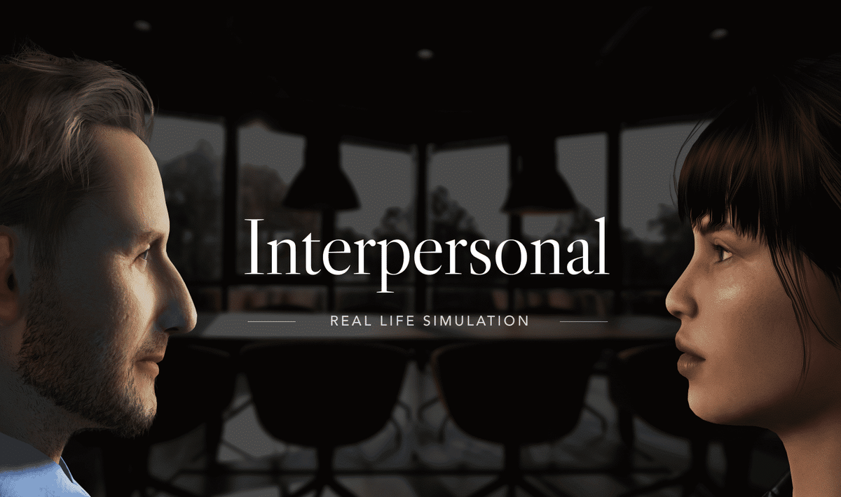 Startskjerm for simuleringen Interpersonal – Real Life Simulation med to 3D-karakterer ansikt til ansikt