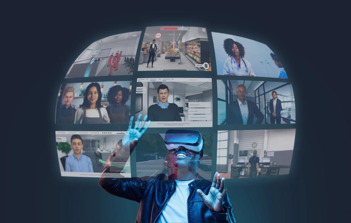 Person in a VR headset raising both hands before a curved wall of screens showing workplace simulations