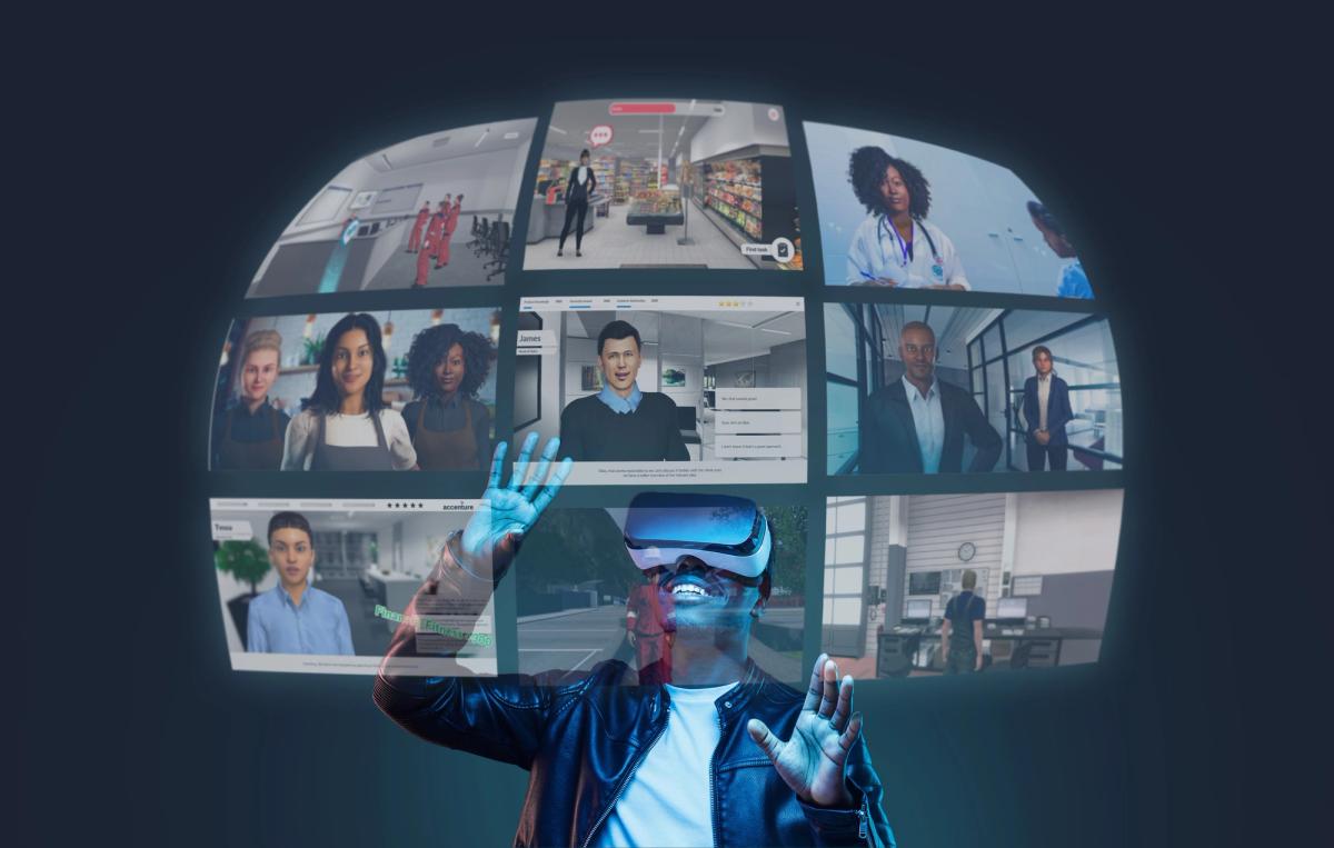 Person in a VR headset raising both hands before a curved wall of screens showing workplace simulations
