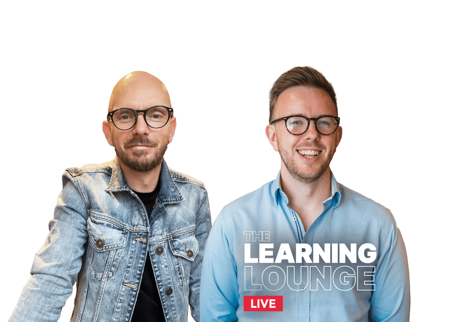 Moderator und Gast des Podcasts The Learning Lounge Live lächeln in die Kamera