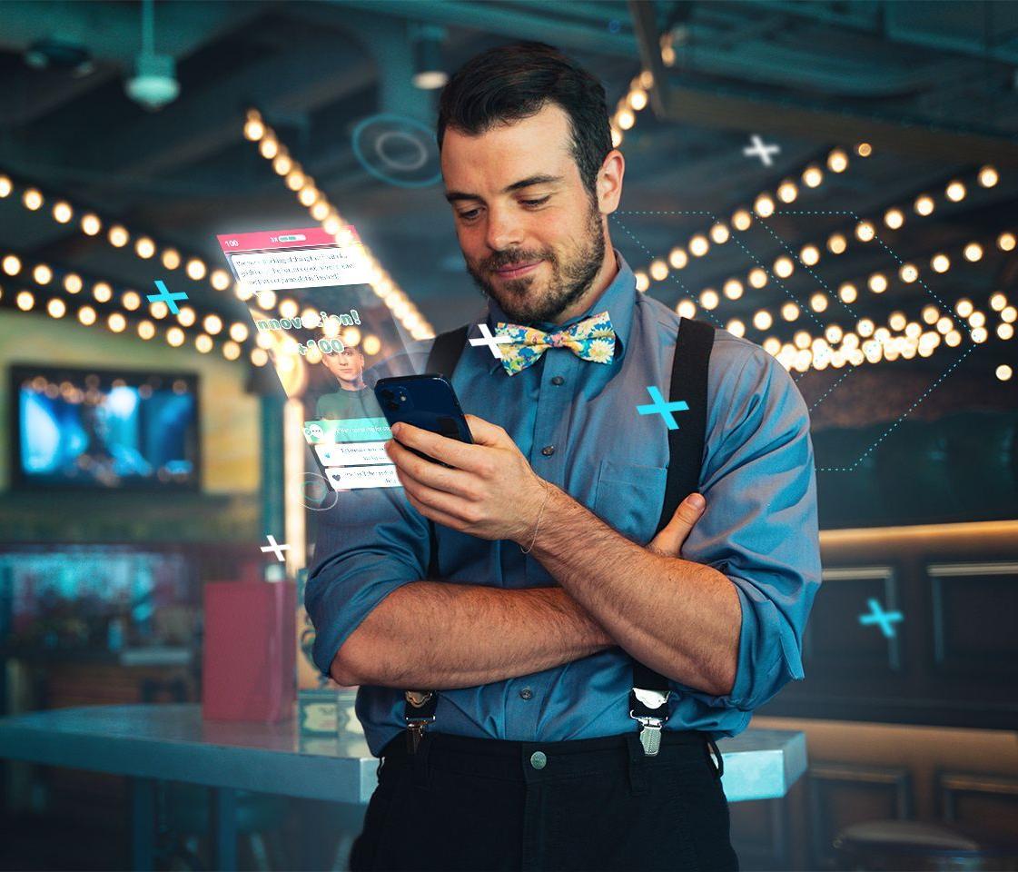 A smiling man in a bow tie and suspenders looks at his phone, surrounded by digital UI elements in a dim bar.