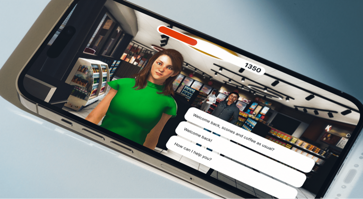 Smartphone mit einer Circle-K-Trainingssimulation mit 3D-Figuren aus dem Store, einem Score von 1350 und Antwortoptionen