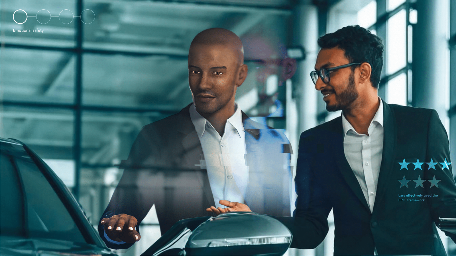 Verkaufskraft übt in einem Autohaus ein Verkaufsgespräch mit einem KI-Avatar von Attensi RealTalk