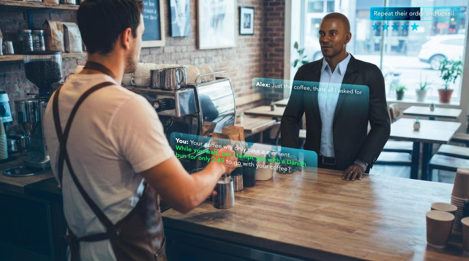 Barista mit Milchkännchen steht einem Gast im Anzug an einer Café-Theke gegenüber, darüber eingeblendete Dialogzeilen der Simulation