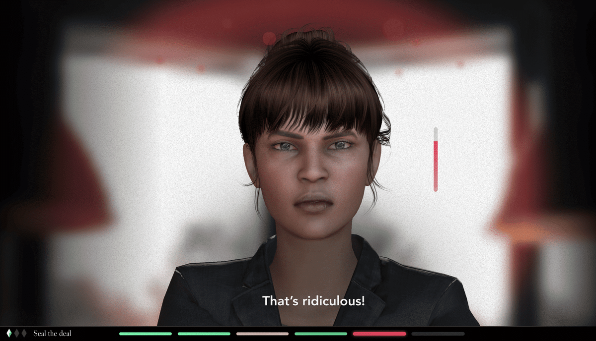 3D-karakter i en samtalesimulering svarer «That's ridiculous!» med en stemningsmåler ved siden