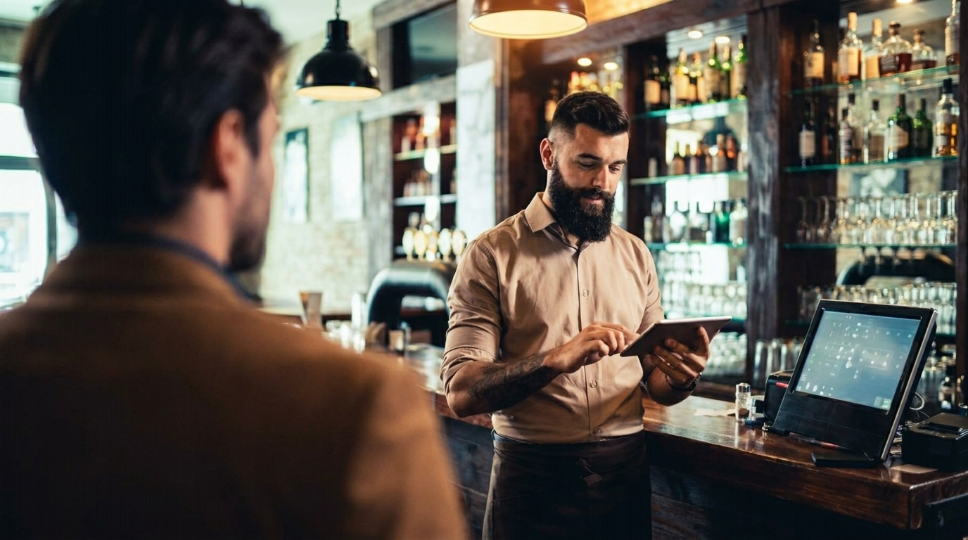 Barkeeper prüft hinter der Bar ein Tablet, während ein Gast wartet