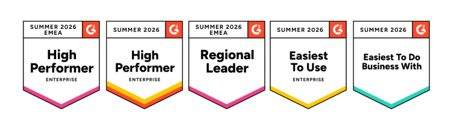 Fünf G2-Badges Sommer 2026: High Performer Enterprise EMEA, High Performer Enterprise, Regional Leader EMEA, Easiest To Use Enterprise, Easiest To Do Business With
