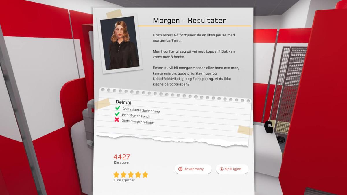 Resultatskjermen «Morgen – Resultater» med to av tre delmål oppnådd, 4427 poeng og fem stjerner