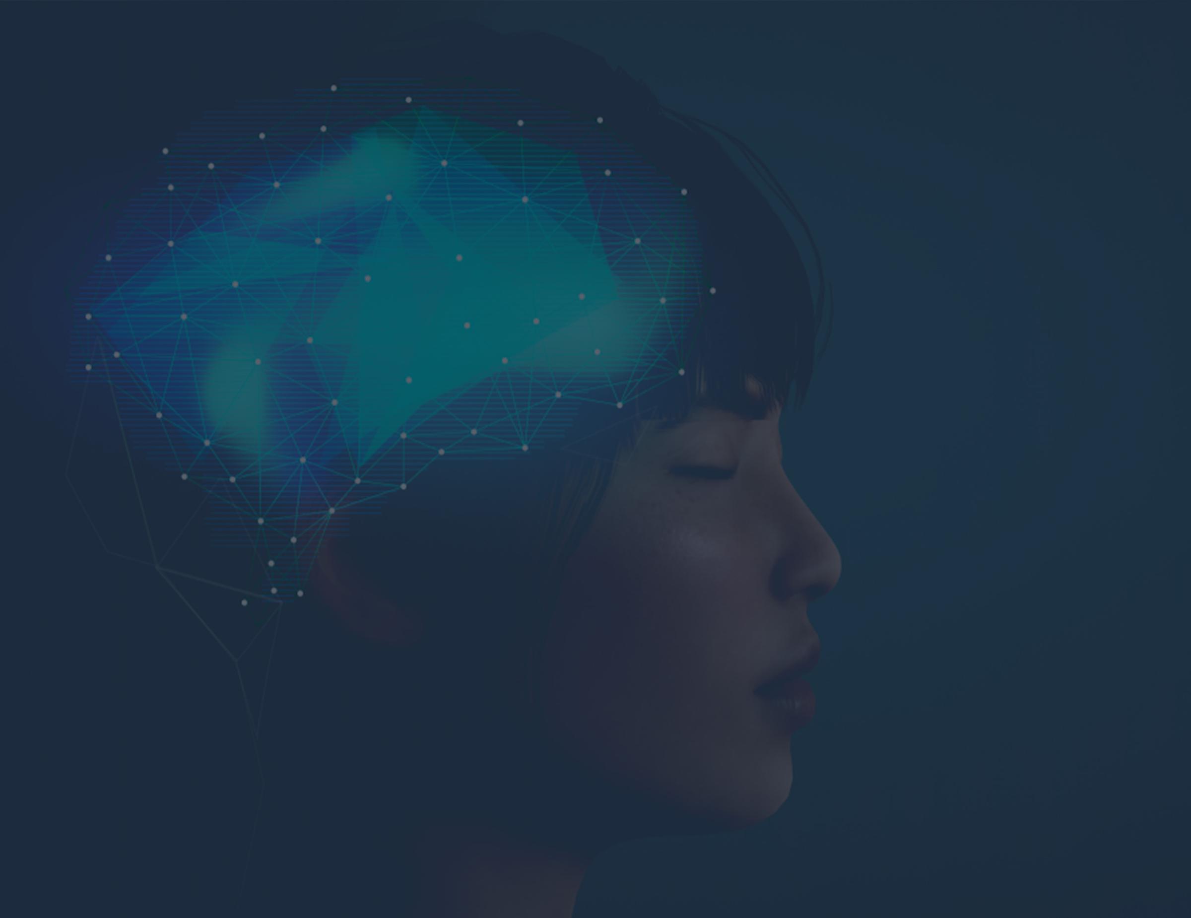 Woman in profile with eyes closed and a glowing network of nodes over her brain, on a dark blue background