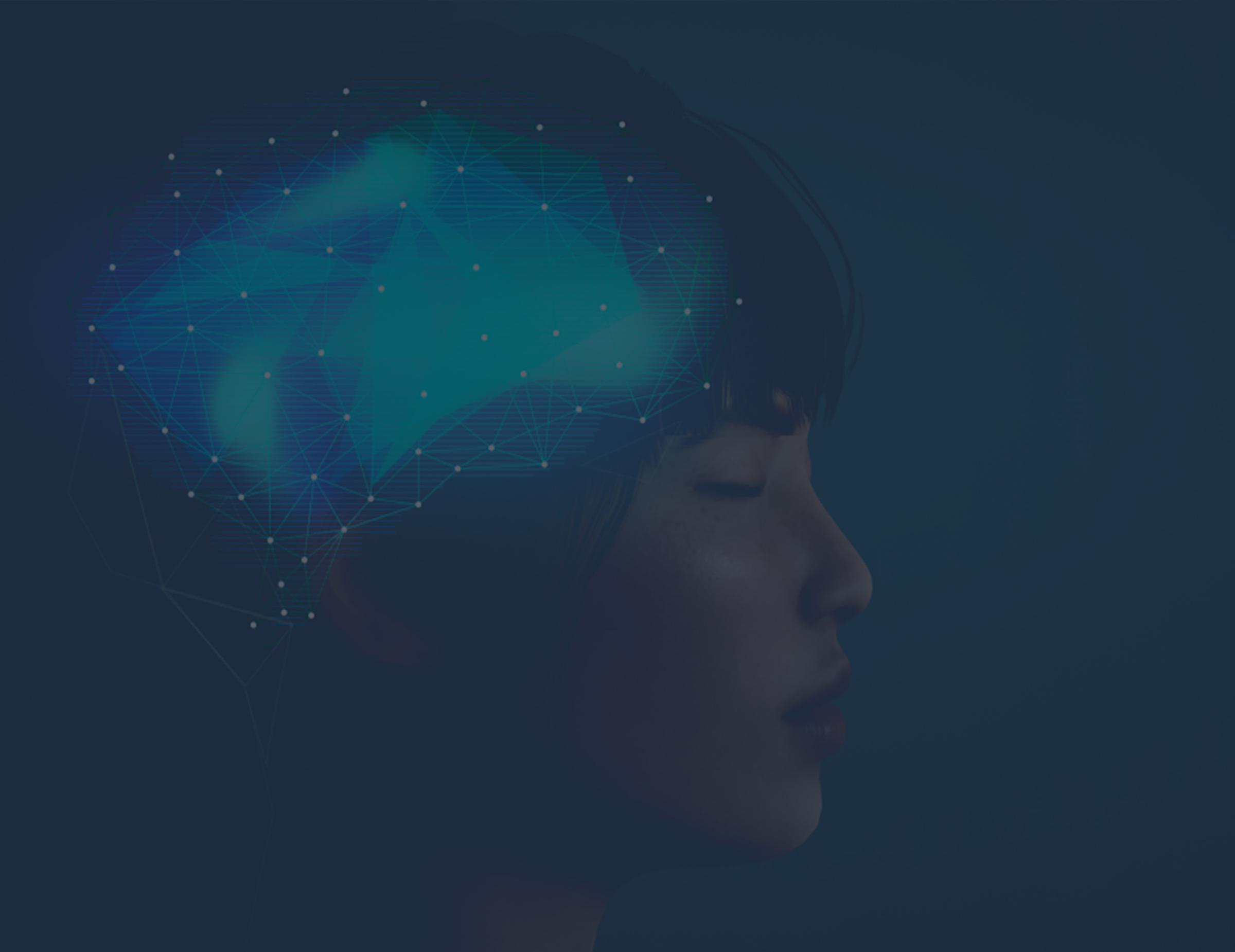 Woman in profile with eyes closed and a glowing network of nodes over her brain, on a dark blue background